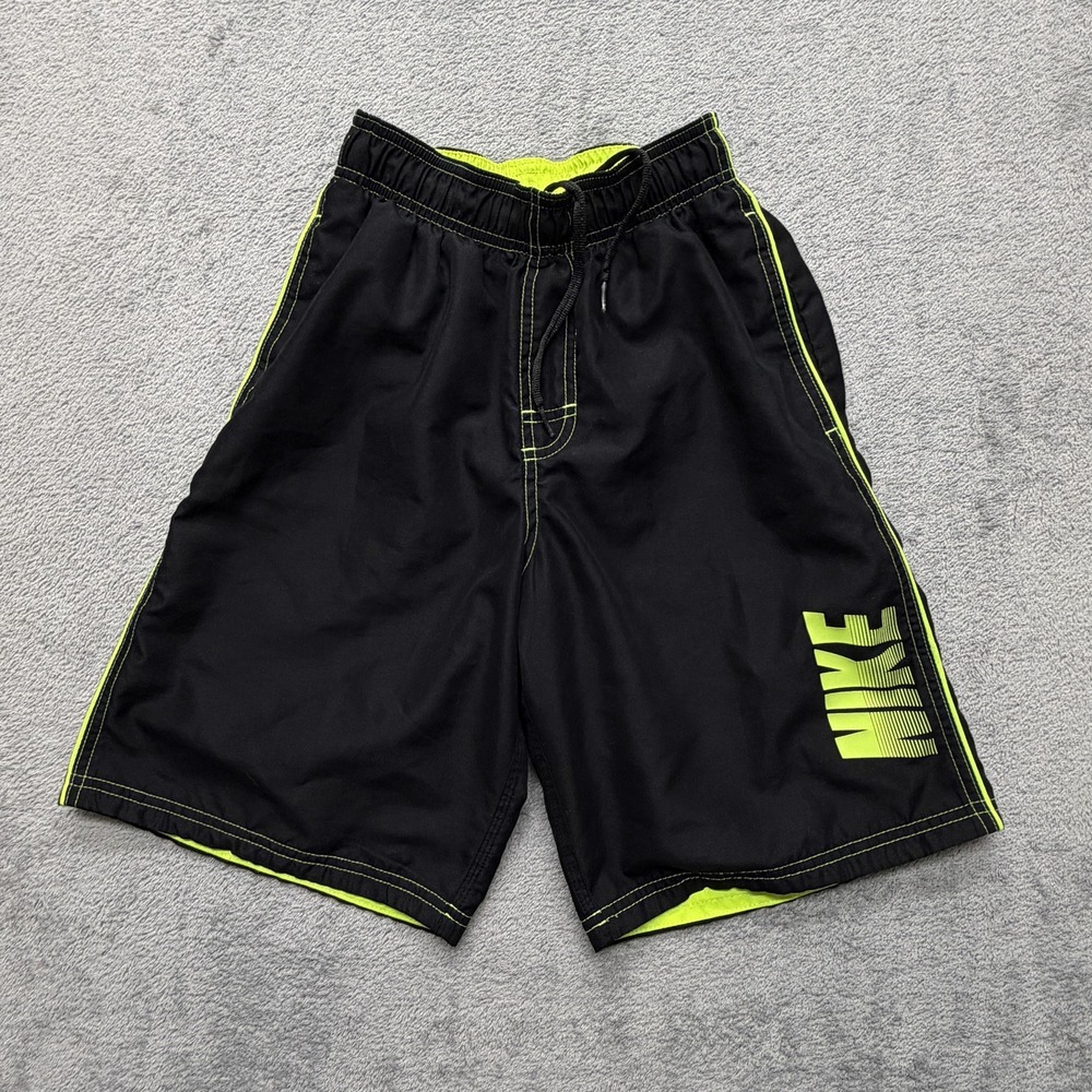 Nike Shorts Youth‎ Medium Black Green Swim Trunks Mesh Lined Drawstring Athletic